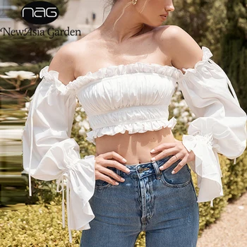 

NewAsia Sexy Off Shoulder Women Blouses White Ruffles Long Sleeve Summer Tops Sweet Chic Lace Up Plus Size Short Blusa 2020 New