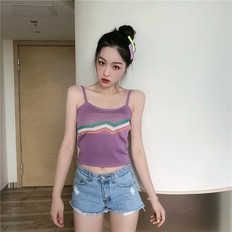 Lychee/укороченный эластичный женский топ на бретелях с открытыми плечами для девочек,, цветной женский жилет без рукавов, сексуальный вязаный женский жилет в полоску