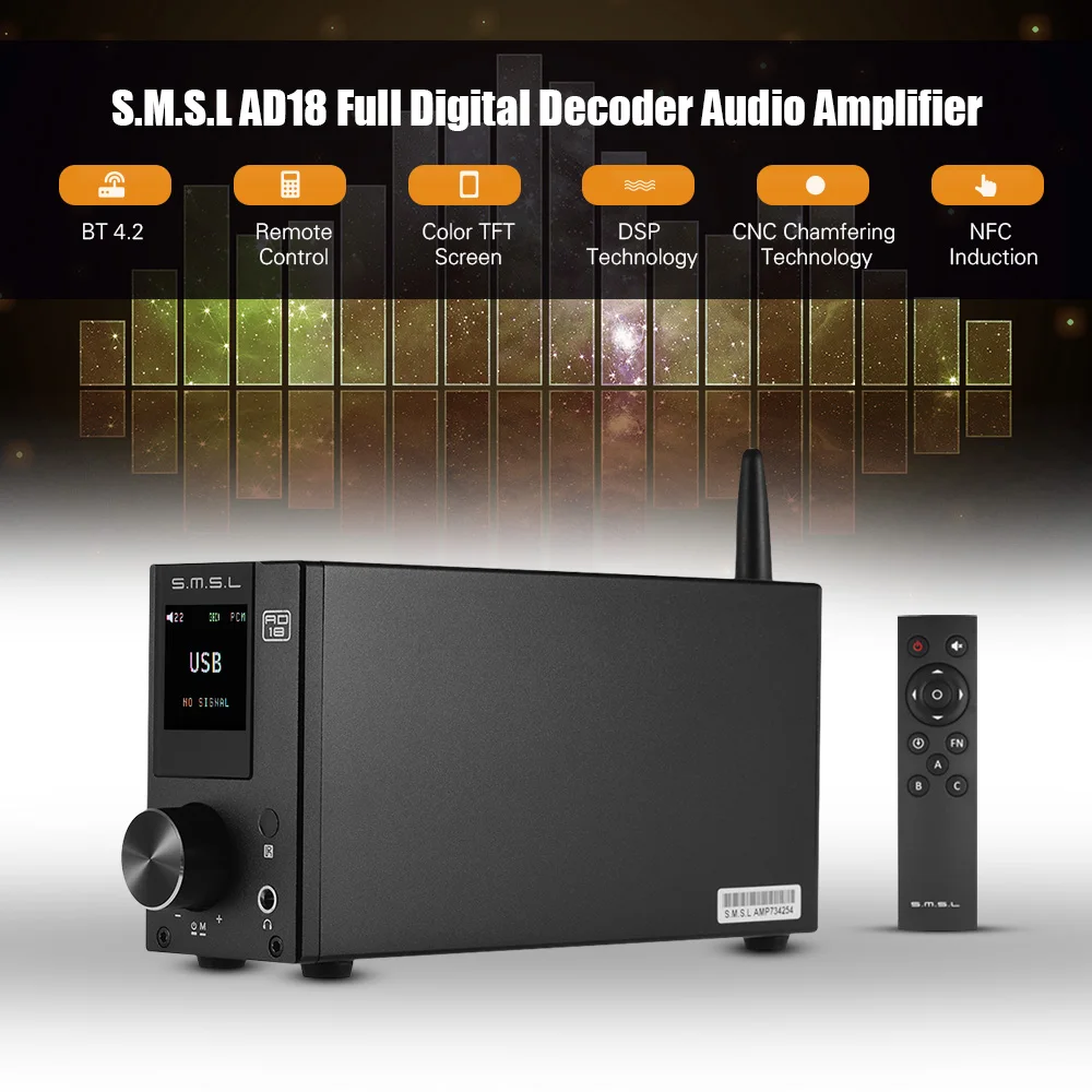 

S.M.S.L AD18 Full Digital Decoder Audio Amplifier Stereo Headphone Amp of 80W Power Support Optical/ BT/ Coaxial/ USB/ AUX Input