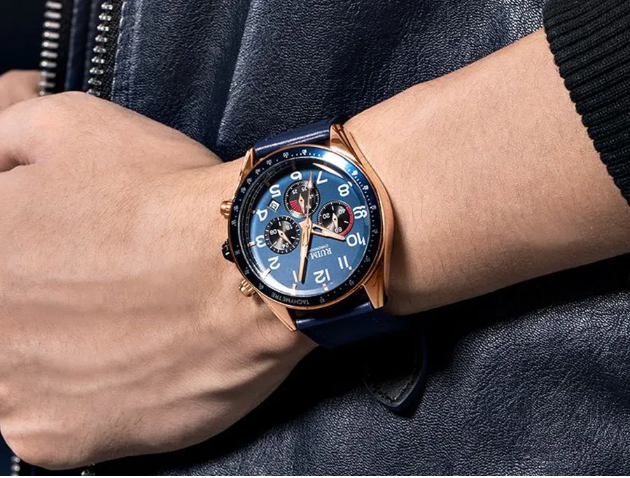 Мужские кварцевые часы RUIMAS с хронографом, роскошный синий кожаный ремешок, военные наручные часы, мужские спортивные часы от ведущего