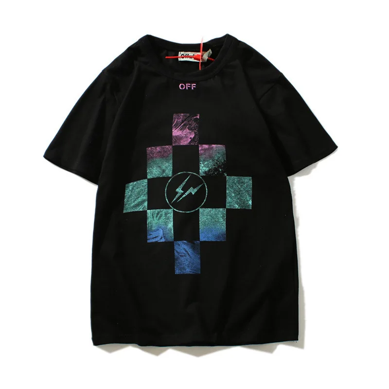 

2018 New Style Gradient Multi-color Blocks Printed Short Sleeve Ow Europe And America Popular Brand Fashion Large Size All-cotto