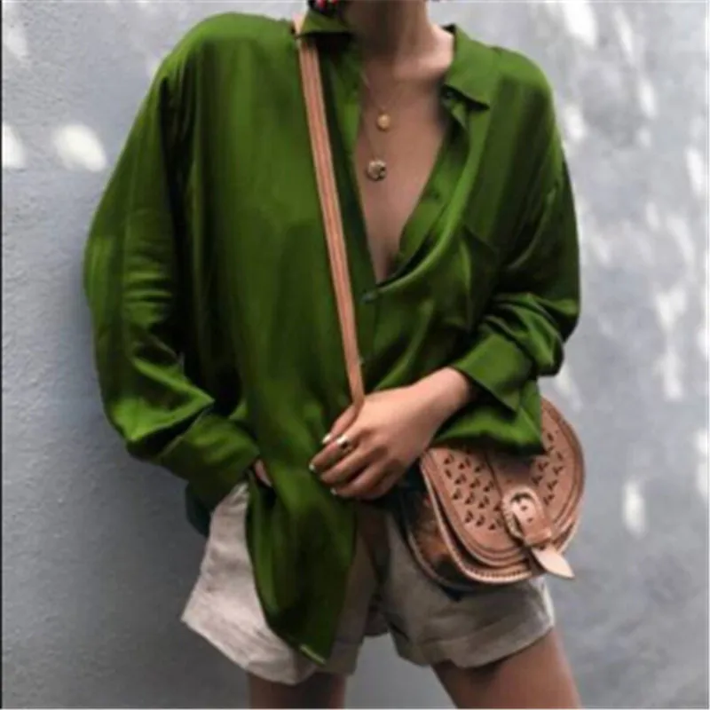 Women Sexy Deep V-neck Satin Blouse Tops Loose Long Sleeve Office Ladies Shirt Casual Solid Silk Female Spring Shirt