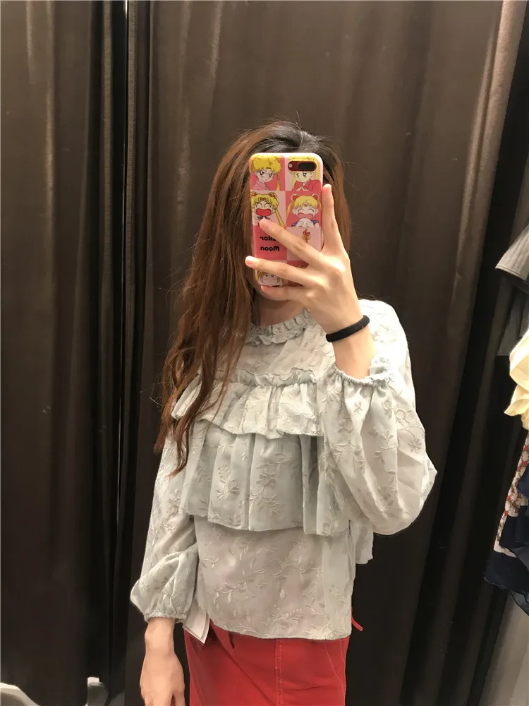 

TMODA 2019 New Autumn Sweet Agaric Lace Ruffles Blouse Female Floral Embroidery Shirts Double Layer Long Sleeve Casual Tops