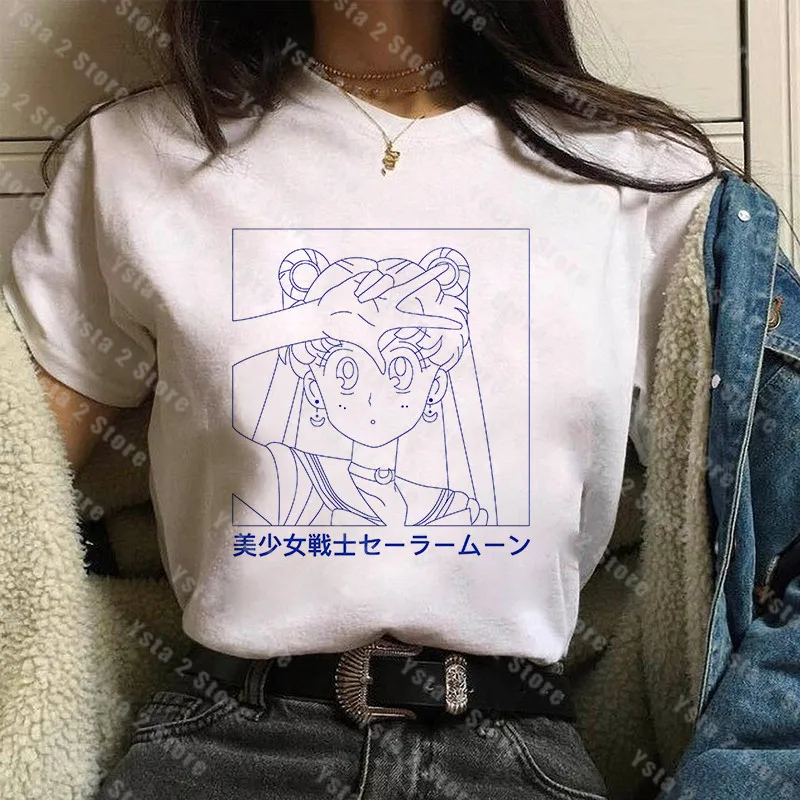 

Stick figure Sailor Moon t shirt women Harajuku cute cat T-shirt Japanese letter Tops Pink ulzzang Love graphic Korean clothes