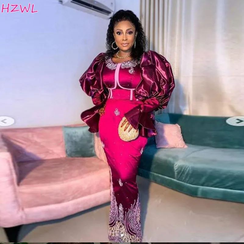 

2021 Aso Ebi Puffy Sleeves Prom Dresses South African Satin Lace Appliques Mermaid Evening Gowns Robe De Soiree Plus Size