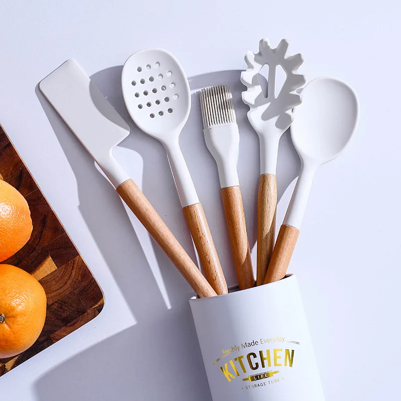 New Silicone Cooking Utensils Set Non-Stick Spatula Soup Spoon Eggbeater Food Clip Wooden Handle with Storage Box Kitchen Tool