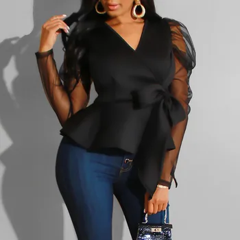 

Short Sexy Blouse Women Office White Shirt Long Sleeve Blouses Spring 2020 New Mesh See Through Club Lace Up Fashion Ladies Tops