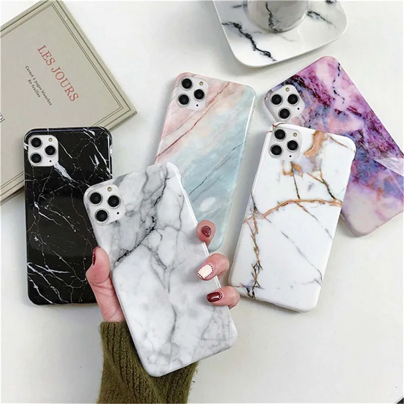 Ottwn Marble Stone Texture Phone Case For iPhone 12 13 Mini Pro Max 11 Pro Max X XR XS Max 7 8 6s Plus SE 2020 Soft IMD Cover iphone 12 pro max phone case