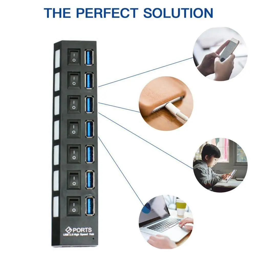 USB 3,0 концентратор 2,0 концентратор многопортовый usb-адаптер 7 портов расширитель несколько USB 3 Hab с адаптером питания USB3.0 концентратор с переключателем для ПК