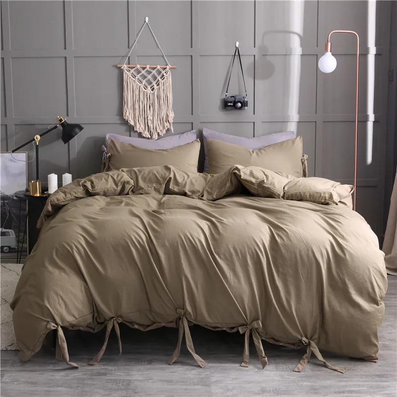 

Washed Fabric Pure Color Bedding Set White Black Duvet Cover Sets with Ties Soft Quilt Cover Bed Linen