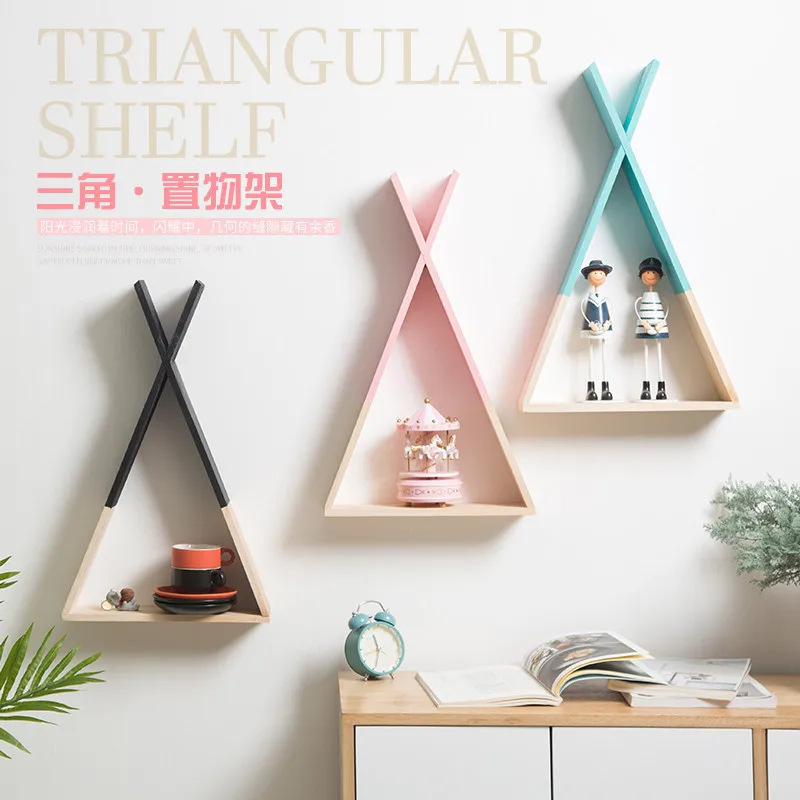 

39*23CM Triangular Storage Shelves Nordic Style Kids Baby Room Wooden Decorative Shelf Gift Rack For Bedroom Home Wall Decor