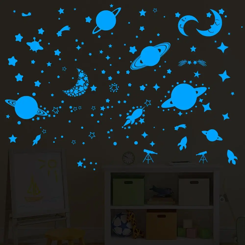 1set Glow In The Dark Luminous Round Planets Stars Moon Pvc Wall