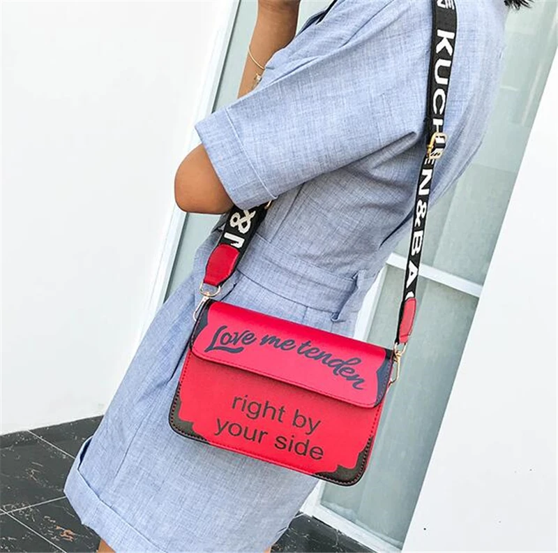 Модная женская сумка контрастного цвета с широким ремешком на плечо, сумка через плечо с буквенным принтом, сумка через плечо из полиуретана, женская сумка с клапаном