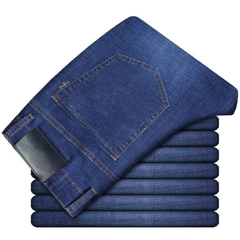 Высокое качество, Осень-зима, эластичные мужские джинсы, прямые, свободные и большие размеры, деловые повседневные штаны, Молодежные мужские брюки - Цвет: Синий
