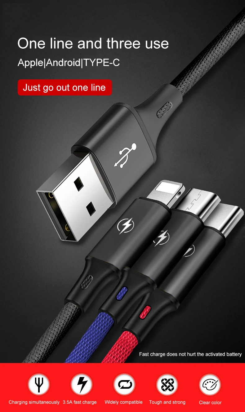 3 в 1 USB кабель 2.4A для мобильного телефона Micro usb type C 8-контактный кабель зарядного устройства для iPhone XR XS Max X huawei шнур для быстрой зарядки данных