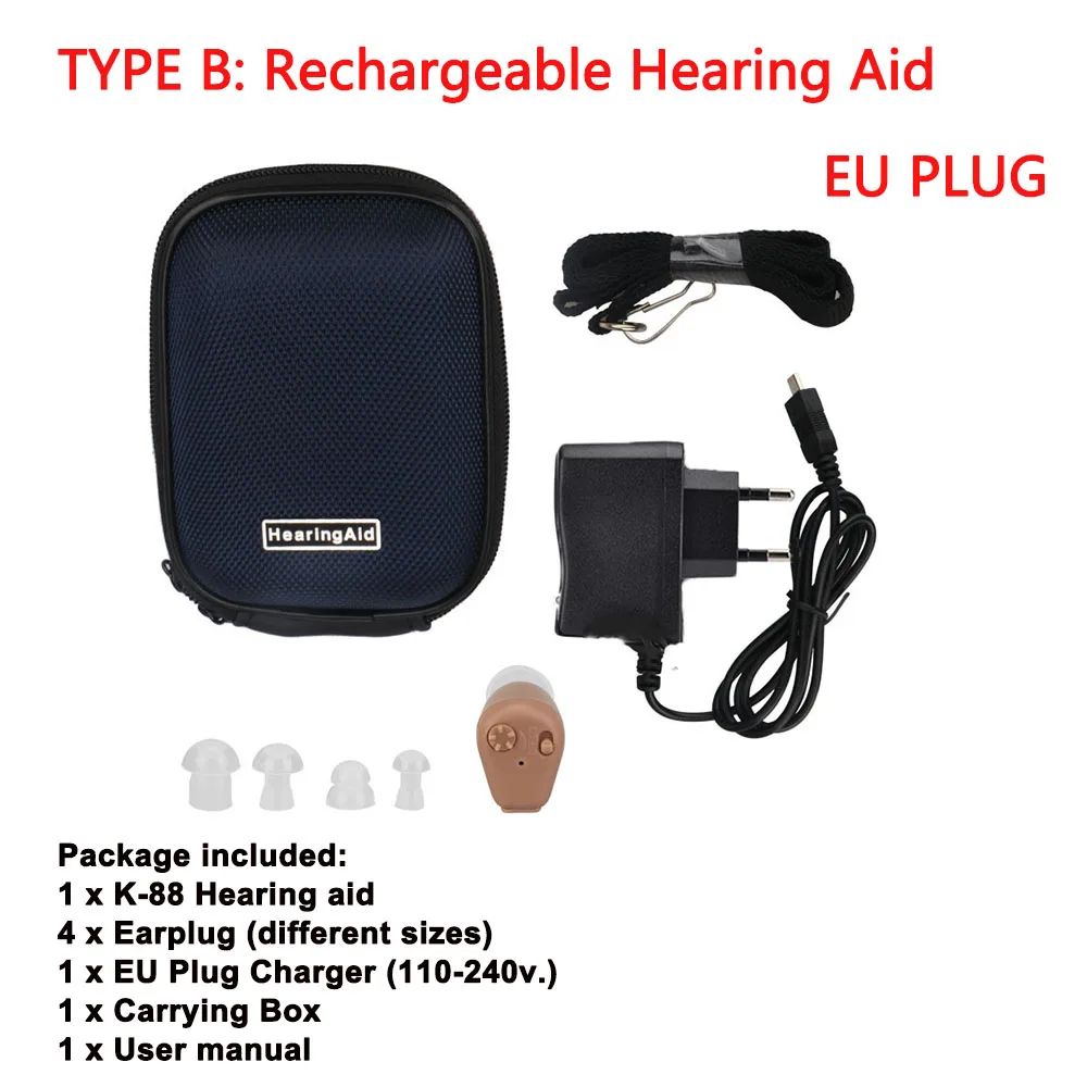 Type B EU Plug Слуховой аппарат перезаряжаемый или Аккумуляторный мини невидимый усилитель звука Регулируемый объем беспроводные слуховые аппараты устройство уход за ушами инструмент - Цвет: Type B EU Plug