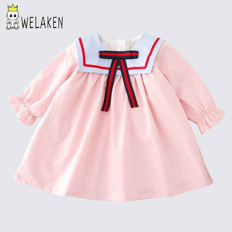

welaken College Style Babe Girls Dress New Fashion Clothes Bow Long Sleeve Cotton Soft Daily Wear Loose Kids Clothing 9M-6T