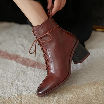 

Fashion Women Ankle Boots 2021 Newet Cross Tied Thick high Heels Shoes Woman Retro Party Working dress Boots size 40 41 42