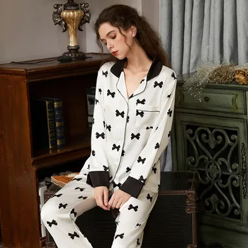 

Young Lady 2PC White Pajamas Set Spring Ice Silk Full Sleeve Sleepwear Sweet Bow Print Pijama With Pocket Shirt&Pant Home Wear