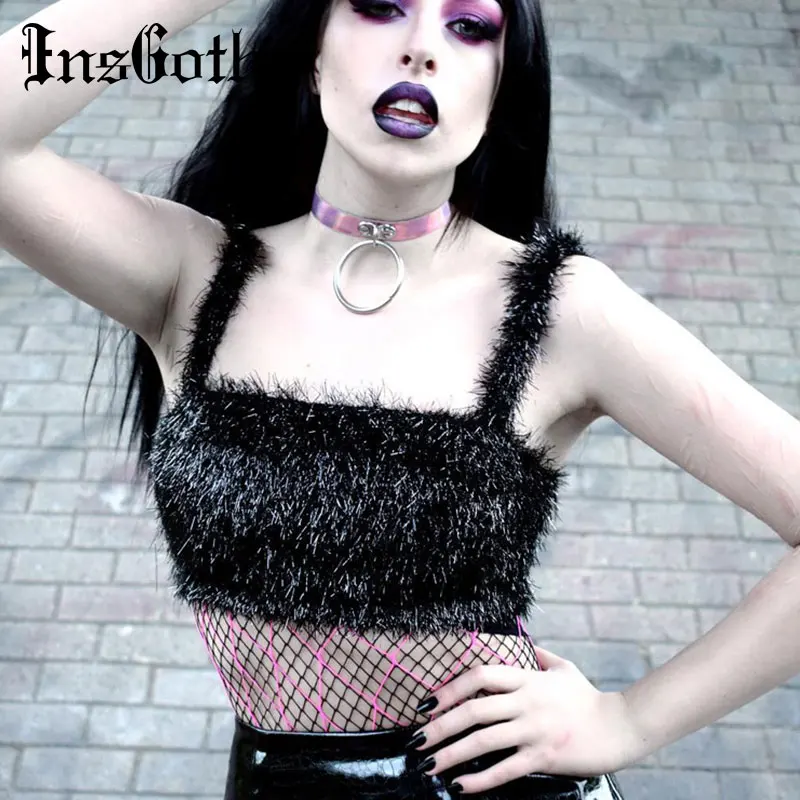 

InsGoth Women Sexy Crop Tank Tops Gothic Punk Party Tank Top Black Fluff Camisole Spaghetti Strap Streetwear Female Short Top