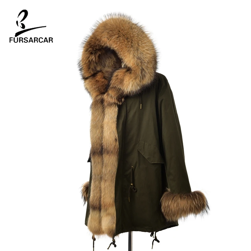 FURSARCAR/2019 модное роскошное зимнее настоящий натуральный мех пальто женское пальто с воротником из меха енота длинная куртка-парка с