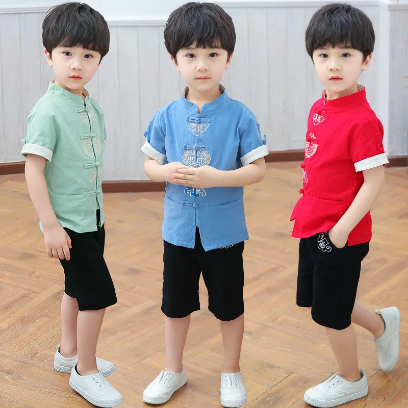 Детская одежда; Китайская одежда для мальчиков; Китайский хлопковый костюм из пеньки с узлом; летняя одежда года; стиль; этнический стиль; короткий рукав