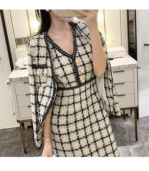 

CHIC Winter Autumn New Runway Designer Elegant OL V-neck Sleeveless Women Midi Dress Ladies England Plaid Tweed Jacket 2pcs Set