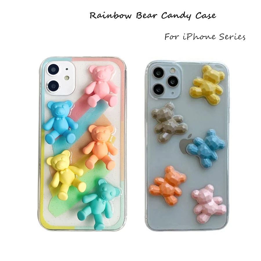 

ins Cute Cartoon Animal Rainbow Bear Soft TPU Phone Case for iPhone X 11Pro XS MAX XR 6 6S 7 8 Plus 3D Bear Back Cover Fundas