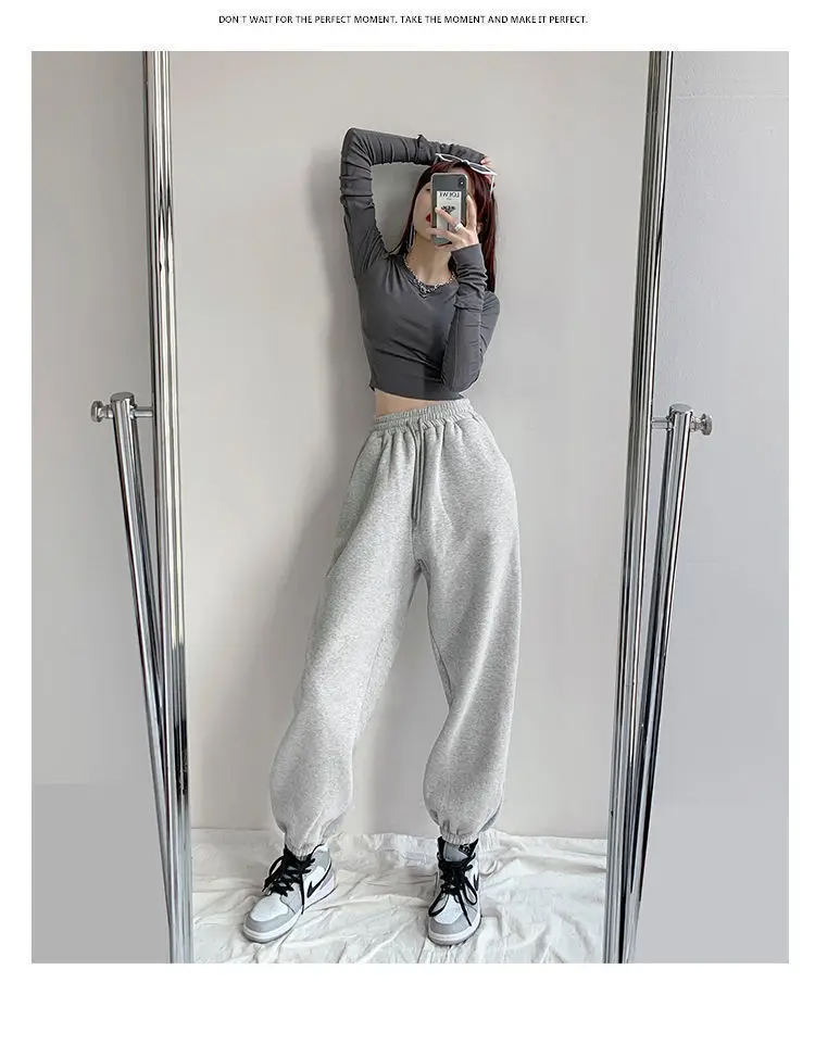 Qweek Harajuku Winter Warm Gray Joggers Sports Pants Women Korean Fashion  Fleece Velvet Oversize Black Jogging Sweatpants Baggy - Pants & Capris -  AliExpress