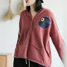 Johnature, повседневные кардиганы с капюшоном, женская одежда, Новинка осени, с открытым стежком и карманами, Свободный вязаный женский свитер с длинным рукавом