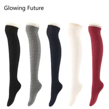 

Japanese Sexy Twist Over Knee Socks Fashion Winter Warm Lace Stitching Cotton Thigh High Socks Breathable Lolita Knee High Socks