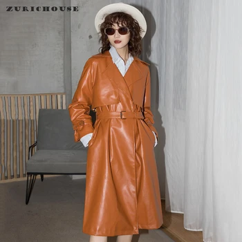 

ZURICHOUSE 2020 Leather Coat Woman Long Fashion Yellow Windbreaker Faux Leather Jakcet Temperament Sashes Trench Ladies