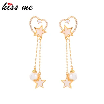 

kissme Romantic Zircon Heart Earrings For Women Unique Shell Star Acrylic Pearl Gold Color Brass Chain Tassel Dangle Earrings