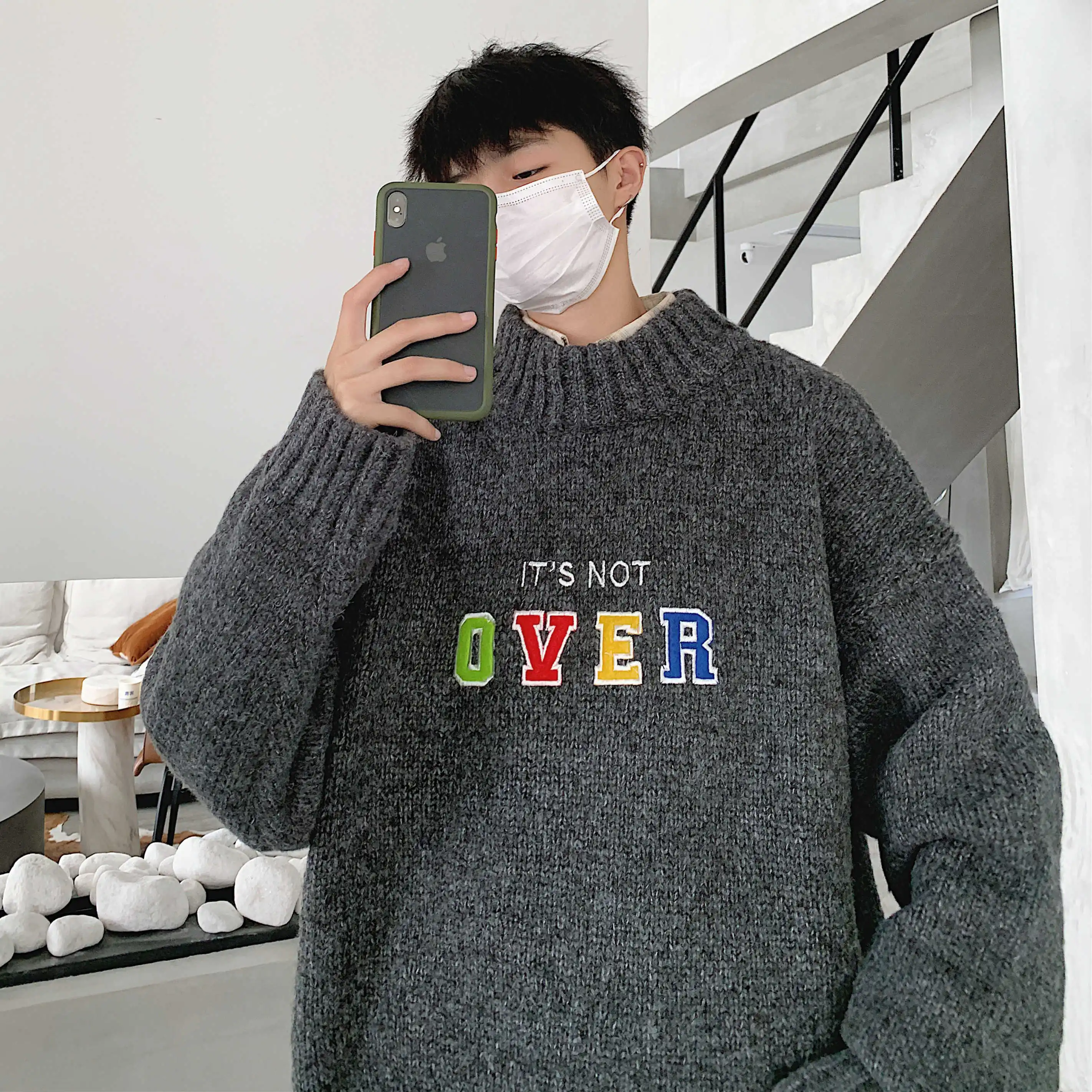 Winter Men's Oversize Style Pink Cashmere Sweaters Casual Blue Pullover Long Sleeve Coats Loose Grey Woolen Knitting M-2XL