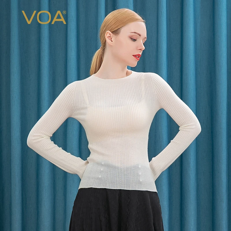 US $132.30 VOA pure cashmere soft 60count worsted onepiece hollow dot basin collar trumpet sleeve plain cashmere sweater RB1093