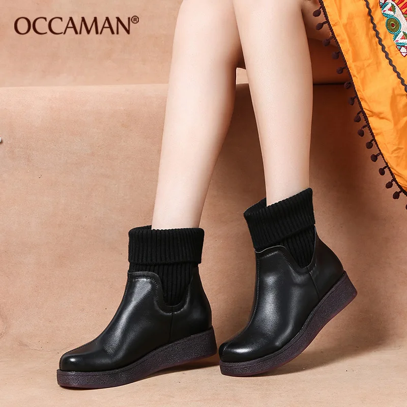 

OCCAMAN Popular Vintage Style Thicken Platform Women Leather Shoes Round Toe Woolen Slip-on Warm Short Boots 42181