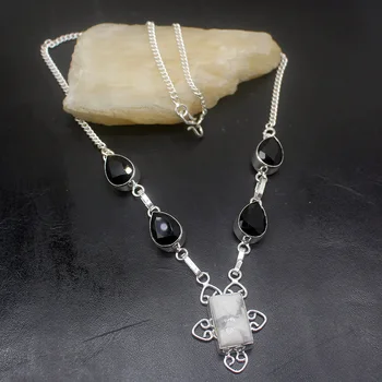 

Natural White OceanJasper BlackOnyx Silver Color Women Pendant Necklace Chain 19 Inch HD275