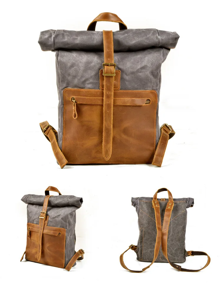 FARBANZEIGE GRAU von Woosir Retro-Rucksack aus gewachstem Canvas aus lässigem Leder