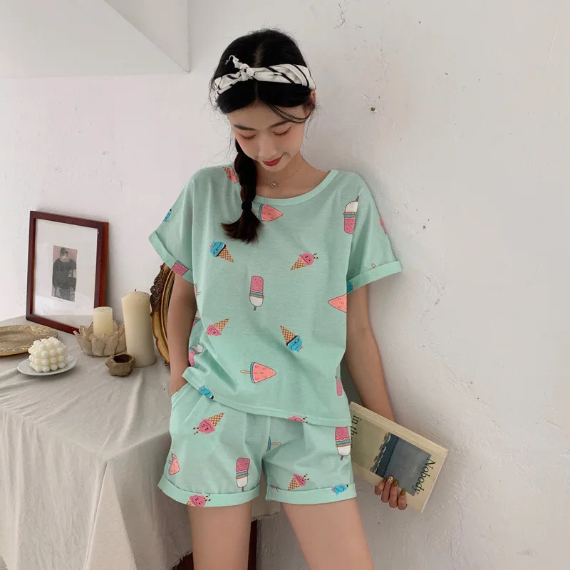 

Summer Knit Cotton Pajamas Korean-style Loose-Fit Fresh Students Short Sleeve Shorts Summer-Outer Wear Women's Home Wear