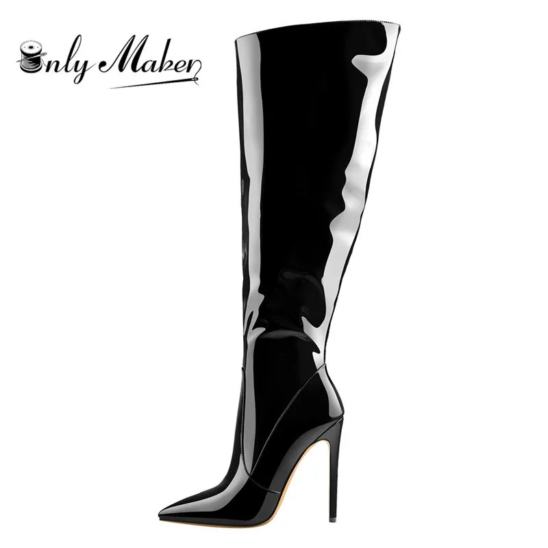 Женские лакированные сапоги Onlymaker черные зимние до колена на высоком каблуке 10 см