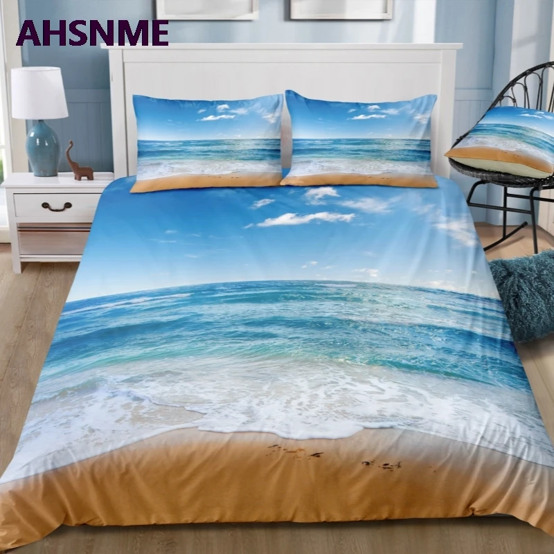

AHSNME Summer Cooling Quilt cover Set Blue Sky Sunshine Beach Wave 3D Effect Bedding Set can photo Customized King Bed Set
