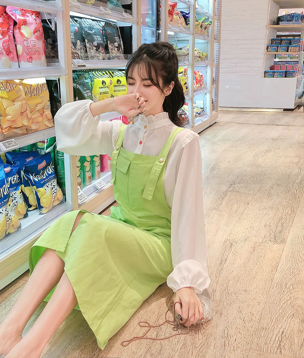 

Photo Shoot Korean-style White Mint Green Camisole Pocket Dress + Pure White Stand Collar Tops Trendy Two-Piece Set