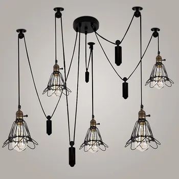 

Vintage 5 Light Suspender Loft Lift Spider Chandelier Retro Wire Cage Industrial Wrought Iron Multi Light Pendant Lighting Black