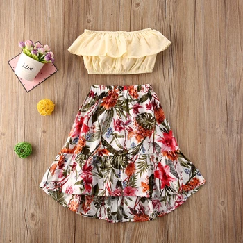 

Pudcoco Toddler Baby Girl Clothes Summer Crop Ruffle Tops Flower Print Skirt 2Pcs Outfits Cotton Clothes Summer Set 1-7Y