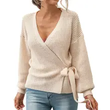 

Dropshipping!!Deep V-Neck Long Sleeve Knitted Top Autumn Winter Solid Color Lace Up Knitted Sweater Streetwear