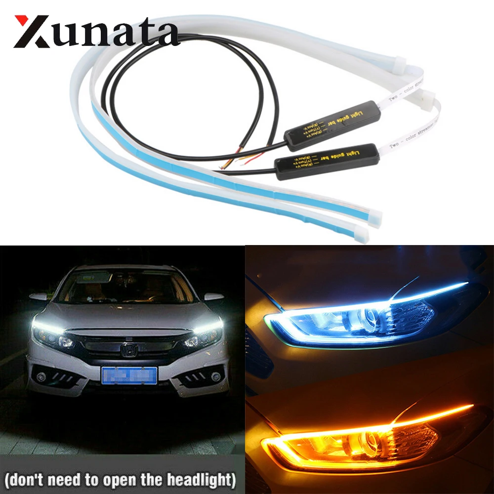 

2x Ultrafine Cars DRL LED Daytime Running Lights White Turn Signal Yellow Guide Strip for Headlight Assembly