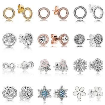 

2020 100% 925 Sterling Silver Pandoras Circly peach blue snowflake rose tree of life Fashion earrings high quality gifts female