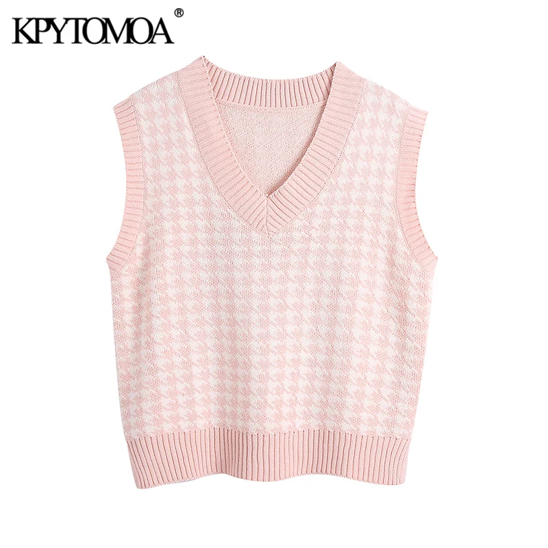 

KPYTOMOA Women Fashion Oversized Houndstooth Knitted Vest Sweaters VintageSleeveless Side Vents Female Waistcoat Chic Tops