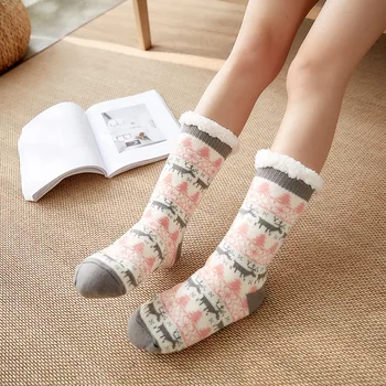 

New Autumn Winter Women Elk Floor Socks Female Wool Knitted Plush Thickened Warm andAntiskid Stockings