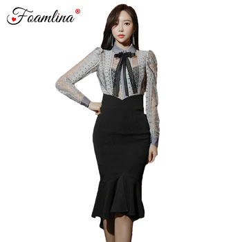 

Foamlina Sexy Women Two Pieces Sets New Fashion Hollow Out Floral Lace Shirt and High Waist Ruffles Midi Pencil Skirt Suits